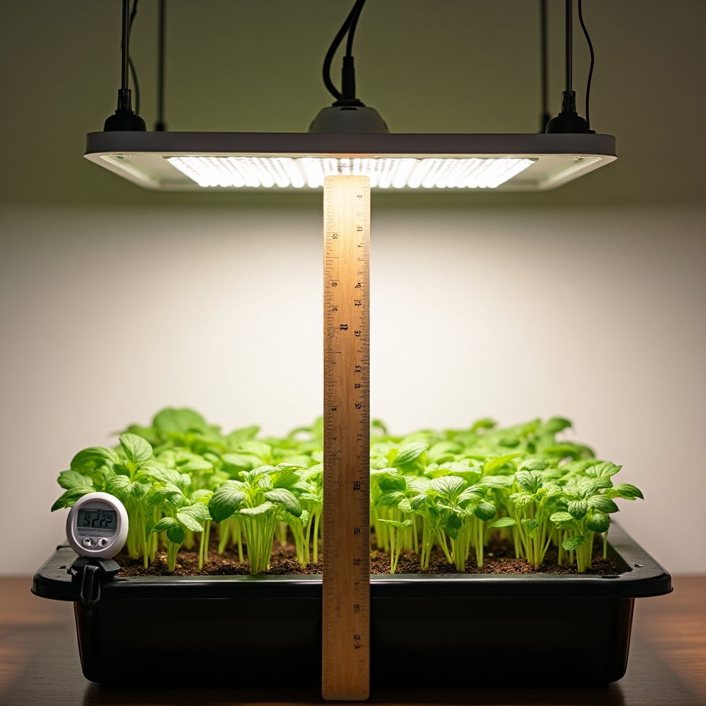 Test vzdálenosti LED panelu od pěstebního tácu s microgreens